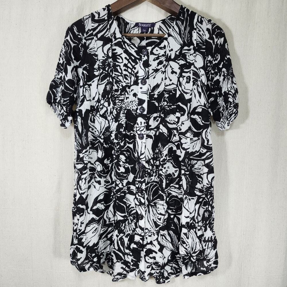 Roamans Women Tunic Blouse Black White Floral Abstract Short Sleeve 16W Boho Top